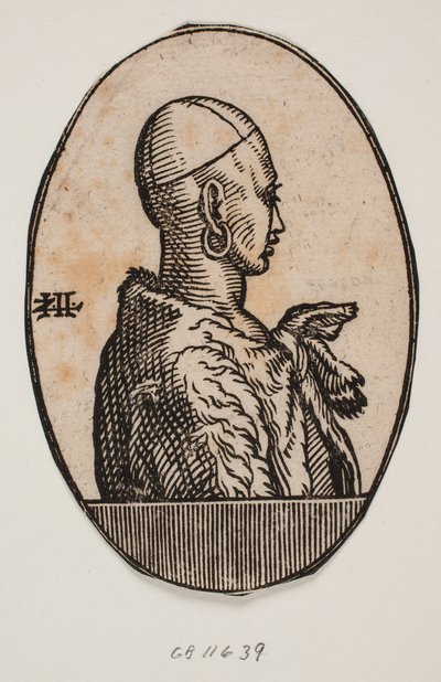 Rundes Medaillon mit Halbporträt eines bartlosen Mannes, der eine Kalotte und einen Ohrring trägt, mit einem Pelz über der Schulter; Profil nach rechts von Melchior Lorck