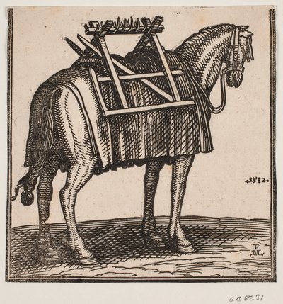 Ein noch ungeladenes Packpferd mit Tragegestell auf dem Rücken, schräg von hinten nach rechts gesehen. von Melchior Lorck