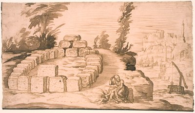 Landschaft mit einem Steinkreis und einer alten Frau mit einem Kind von Melchior Lorck