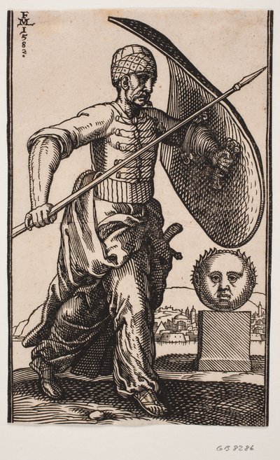Soldat geht nach rechts; auf dem linken Arm ein gebogenes Schild, in der rechten Hand eine Lanze; rechts ein Sockel mit einem kugelförmigen, frontal gesehenen Kopf; in der Ferne hinter dem Kopf eine Stadt am Wasser von Melchior Lorck