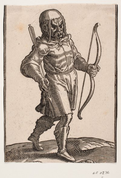 Soldat, gehend nach rechts; Stiefel und kniekurze Tracht; in der linken Hand ein Bogen, in der rechten Hand ein Pfeil von Melchior Lorck
