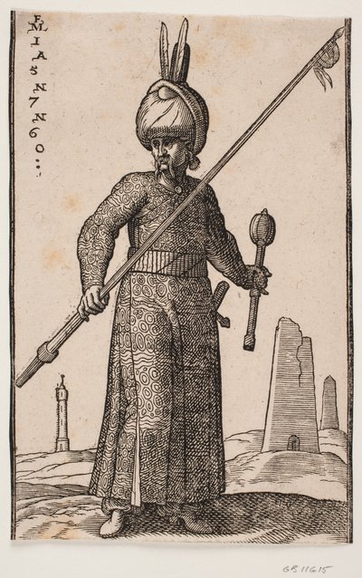 Stehender Soldat, von vorne gesehen; in seiner rechten Hand eine Lanze mit einer Fahne an der Spitze; in seiner linken Hand eine Keule; auf seinem Kopf ein Turban mit zwei Federn; in der Landschaft ein "Leuchtturm" und ein paar obeliskartige Gebäude von Melchior Lorck