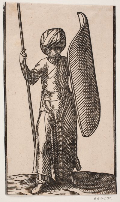 Stehender Soldat mit Turban, von vorne gesehen; in seiner rechten Hand ein Speer; auf seinem linken Arm ein gebogener Schild von Melchior Lorck