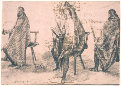 Drei sitzende Männer, jeder hält eine Kerze in der Hand von Melchior Lorck