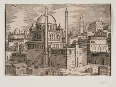 Unidentifizierte Moschee mit 2 Minaretten, von Nordosten gesehen; im Vordergrund Baustelle mit gestapelten Bausteinen von Melchior Lorck
