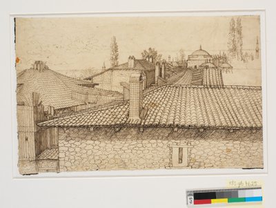Blick über Dächer zur Säule des Arcadios in Konstantinopel von Melchior Lorck