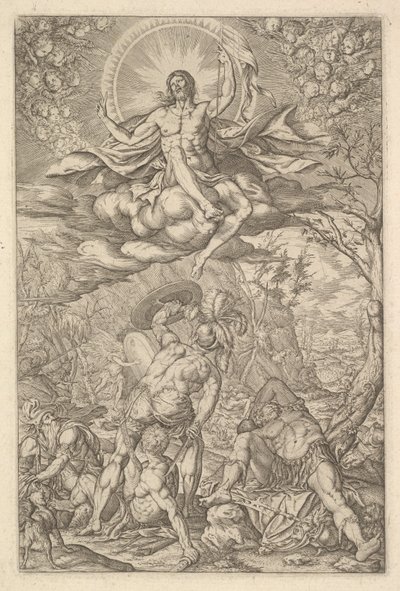Auferstehung Christi, umgeben von einer Aureole und Wolken mit Reihen von geflügelten Putti, 1577 von Melchior Meier