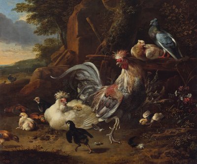 Hahn, Hennen und anderes Geflügel im Hof von Melchior d