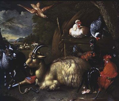 Ziege mit anderen Tieren und Vögeln in einer Landschaft von Melchior de (school of) Hondecoeter