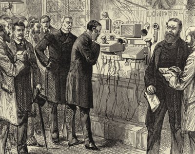 Eröffnung der anglo-englischen Telefonleitung. Das erste Telefongespräch von London nach Paris im General Post Office, London. Bell-Instrumente wurden am Londoner Ende verwendet. Holzstich Paris 28. März 1891. Gravur. von Melton (after) Prior