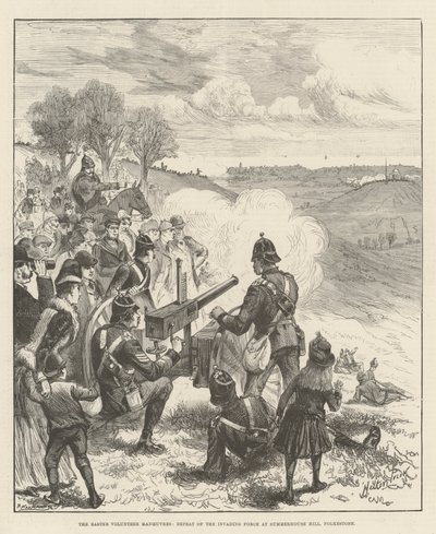 Die Oster-Freiwilligenmanöver, Niederlage der Invasionsstreitkräfte am Summerhouse Hill, Folkestone von Melton Prior