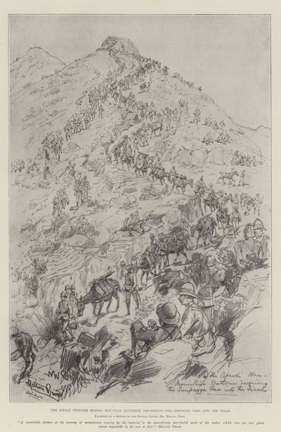Der indische Grenzaufstand, Gebirgsbatterien steigen den Sempagha-Pass in das Tirah hinab von Melton Prior