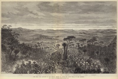 Der Zulukrieg, Vormarsch der britischen Truppen auf Ulundi, die Kraal des Königs in der Ferne von Melton Prior