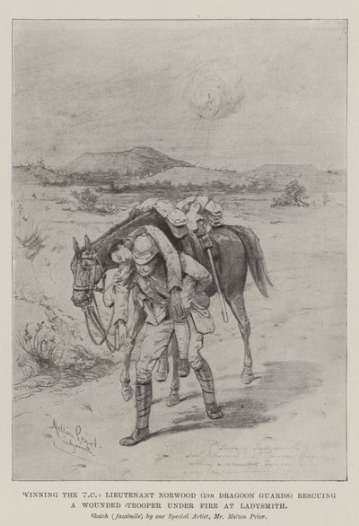 Gewinn des VC, Leutnant Norwood (5. Dragonerwache) rettet einen verwundeten Soldaten unter Beschuss in Ladysmith von Melton Prior