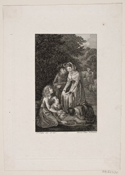 Illustration mit vier Personen um einen kranken Jungen im Wald von Meno Haas