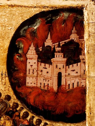 Gesegnet sei das Heer des Himmelskönigs (Detail): Feuer in Kasan, 1550er von Metropolitan of Moscow Athanasius