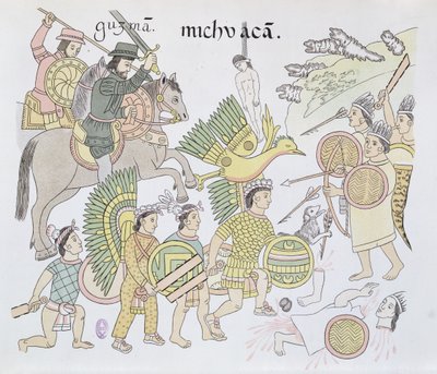 Schlacht von Michoacán zwischen den Spaniern und den Azteken, Illustration aus einer Faksimile einer mexikanischen indianischen Bildgeschichte Lienzo de Tlaxcala, ca. 1550, 1892 von Mexican School