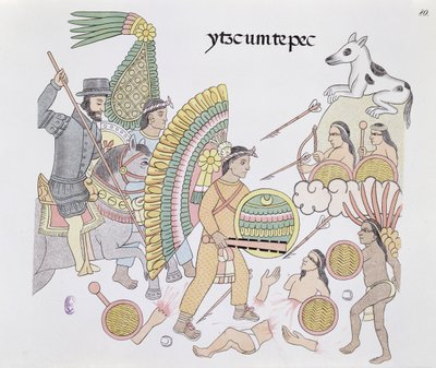 Hernando Cortes (1485-1547), unter Belagerung in Tenochtitlan, beschließt die Stadt zu verlassen, Illustration aus einer Faksimile einer mexikanischen indianischen Bildgeschichte Lienzo de Tlaxcala von ca. 1550, 1892 von Mexican School