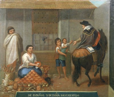 Drei Figuren an einem Marktstand von Mexican School