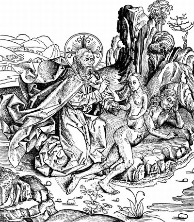 Nachdem er das Universum, die Erde und alle Lebewesen, einschließlich des Menschen, geschaffen hatte, versetzte Gott Adam in einen tiefen Schlaf und schuf Eva aus Adams Rippe. Aus Hartmann Schedels Liber chronicarum mundi von Michael & Pleydenwurff W. (d.1494) Wolgemuth