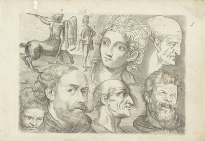 Studienblatt mit Zeichenbeispielen: Zentaur, stehende Figur und Köpfe von Michael Snijders