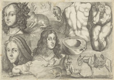 Studienblatt mit Zeichenbeispielen: Köpfe, Tiere, Figuren von Michael Snijders