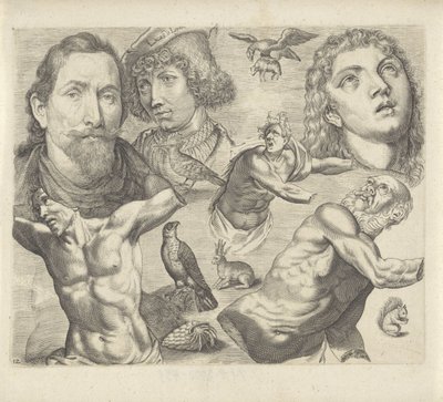 Studienblatt mit Zeichenbeispielen: Köpfe, Torso und Tiere von Michael Snijders