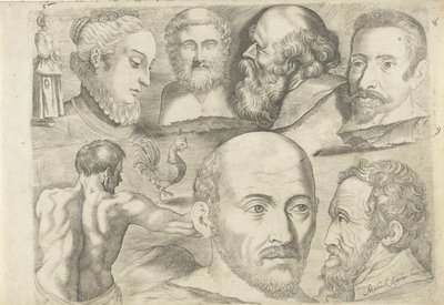 Studienblatt mit Zeichenbeispielen: stehende Figur, Hahn und Köpfe von Michael Snijders