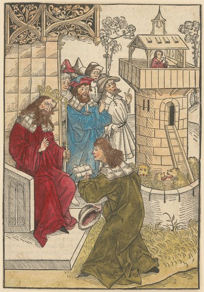 Ein Fürst kniet vor König Darius und der betende Daniel über der Löwengrube von Michael Wolgemut