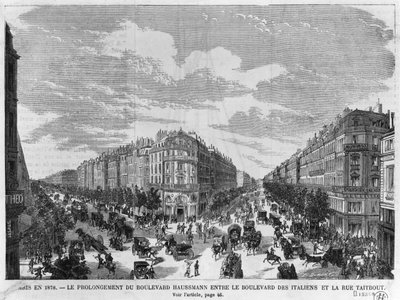 Paris im Jahr 1878, Boulevard Haussmann verlängert zwischen Boulevard des Italiens und rue Taitbout, graviert von Louis Dumont (geb. 1822) Ende des 19. Jahrhunderts von Michel Charles Fichot