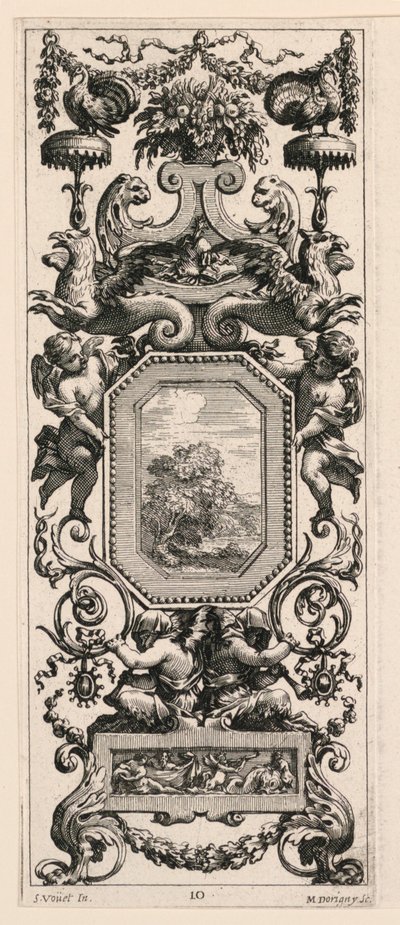 Ornamentales Panel mit einem Korb voller Blumen und einer Girlande, Tafel 10 aus dem Livre de Diverses Grotesques peintes dans le Cabinet et Bains de la Reyne Regente, au Palais Royale von Michel Dorigny
