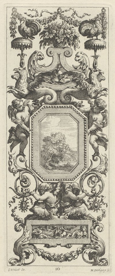 Zierpanel mit einem Blumenkorb und einer Girlande von Michel Dorigny, after Simon Vouet