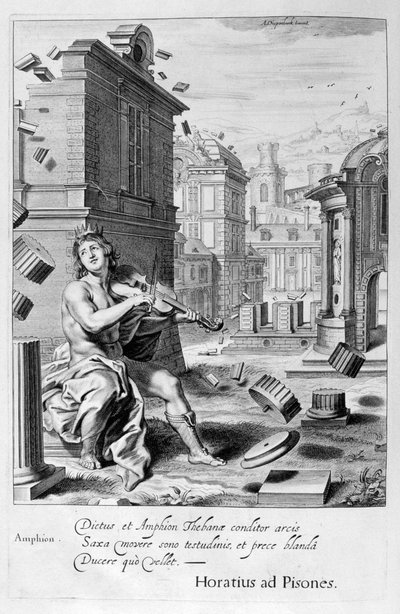 Amphion baut die Mauern von Theben durch die Musik seiner Geige, 1655 von Michel de Marolles