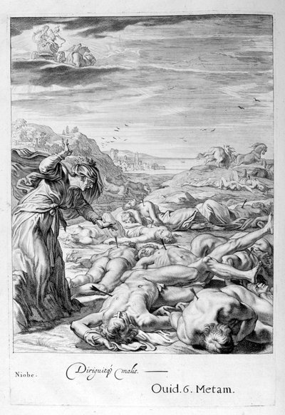 Apollo und Diana töten Niobes Kinder mit ihren Pfeilen: Sie wird zu Stein, 1655 von Michel de Marolles
