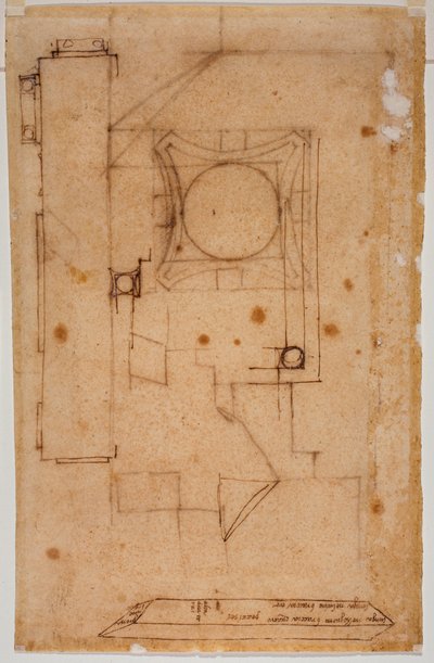 Abschnitt des Kapitells, Fassadenplan und Skizzen mit autographischen Maßangaben von Michelangelo Buonarroti