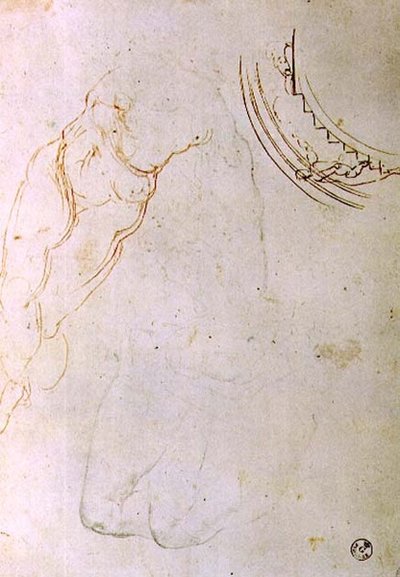 Studie einer liegenden Figur mit gekreuzten Beinen und ein Entwurf für eine Lünette, die eine Figur zeigt, die eine Treppe hinaufsteigt von Michelangelo Buonarroti