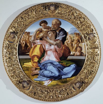 Tondo Doni: Die Heilige Familie mit dem Kind Johannes dem Täufer von Michelangelo Buonarroti