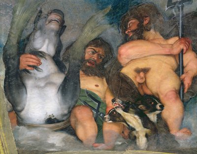 Allegorie der Elemente, des Universums und der Tierkreiszeichen (Detail von Neptun und Triton mit Cerberus) von Michelangelo Merisi Caravaggio