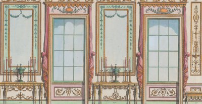 Innenverzierte Wand mit Fenstern und Spiegeln, Nr. 267-273, 27. Februar 1784 von Michelangelo Pergolesi