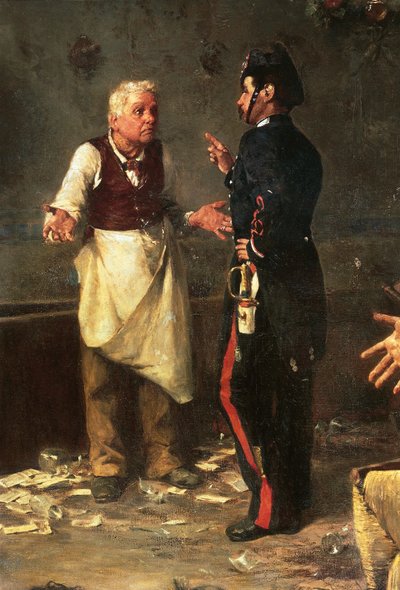 Detail aus Ein Spiel von Trümpfen oder Schlägerei in Trastevere zeigt Polizisten und Wirt von Michele Cammarano