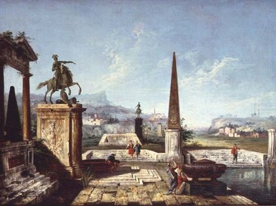 Ein Capriccio klassischer Denkmäler, ein Obelisk mit Soldaten an einem Teich und Berge dahinter (Öl auf Leinwand) von Michele Marieschi