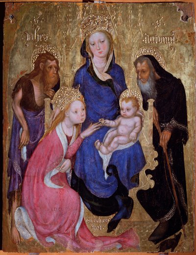 Die mystische Hochzeit der Heiligen Katharina mit den Heiligen Johannes dem Täufer und Antonius von Ägypten - Gemälde, ca. 1420 von Michelino Molinari da (attr. to) Besozzo