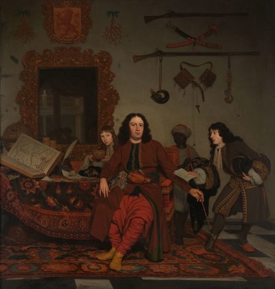 Porträt von Thomas Hees und seinem Diener Thomas und Neffen Jan und Andries Hees (Detail) von Michiel van Musscher