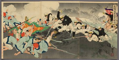 Großer Sieg unserer Truppen in der heftigen Schlacht am Ansong-Furt (Anjo no watashi waga gun taisho no zu) von Migita Toshihide