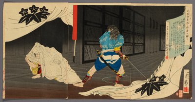 Tokimune (Soga Goro) schleicht sich in Yoritomos Residenz ein (Tokimune Kamakura-dono no kariya o sawagasu) von Migita Toshihide