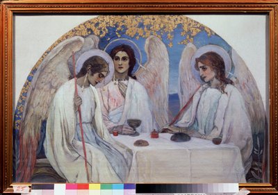 Die Gastfreundschaft Abrahams. Die Dreifaltigkeit des Alten Testaments. Darstellung der drei Engel, die Abraham bei der Eiche von Mamre erschienen von Mikhail Vasilievich Nesterov