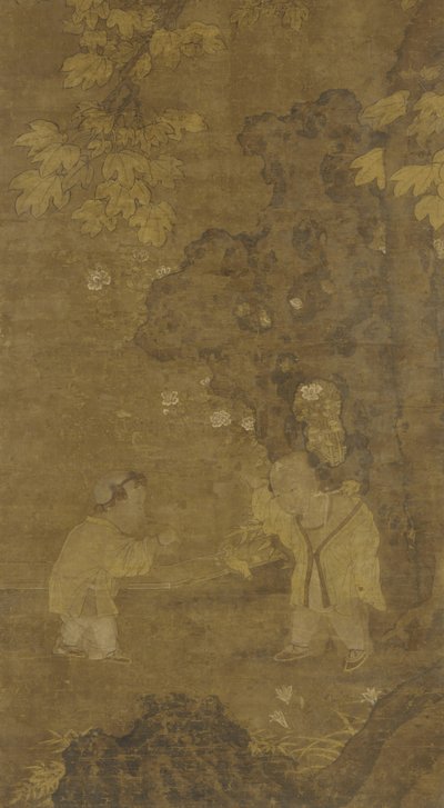 Zwei Jungen spielen mit einer Löwenpuppe, 15.-16. Jahrhundert von Ming Dynasty Chinese School