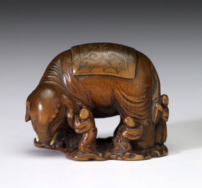 Die Blinden und der Elefant, frühes 19. Jahrhundert (Holz) von Minkoku Minkoku
