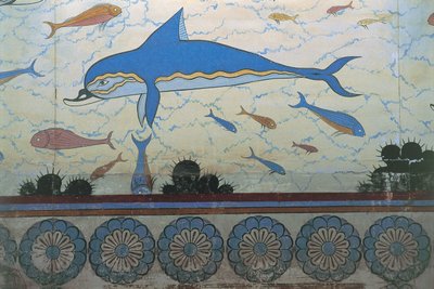 Nahaufnahme eines Wandgemäldes in einem Palast, Palast von Minos, Knossos, Kreta, Griechenland von Minoan