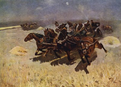 Tachanka (Maschinengewehr auf einem Pferdewagen) (Farblithografie) von Mitrofan Borisovic Grekov